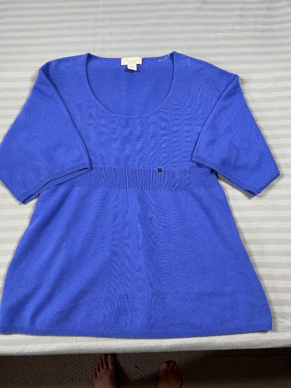 Mainbocher Sweater Womens XL Blue 100% Cashmere Short Sleeve Scoop Neck 2-Ply